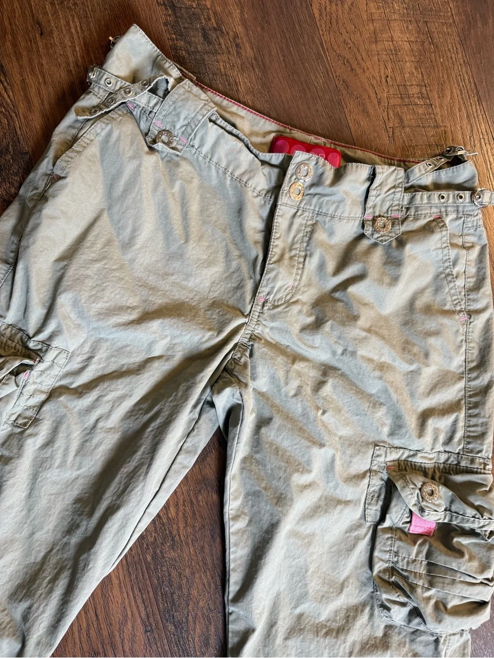Y2K GLO jeans Sage Green Cargo Capris with Pink Accents And Silver Hardware